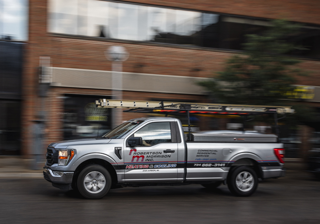 Truck driving through downtown area