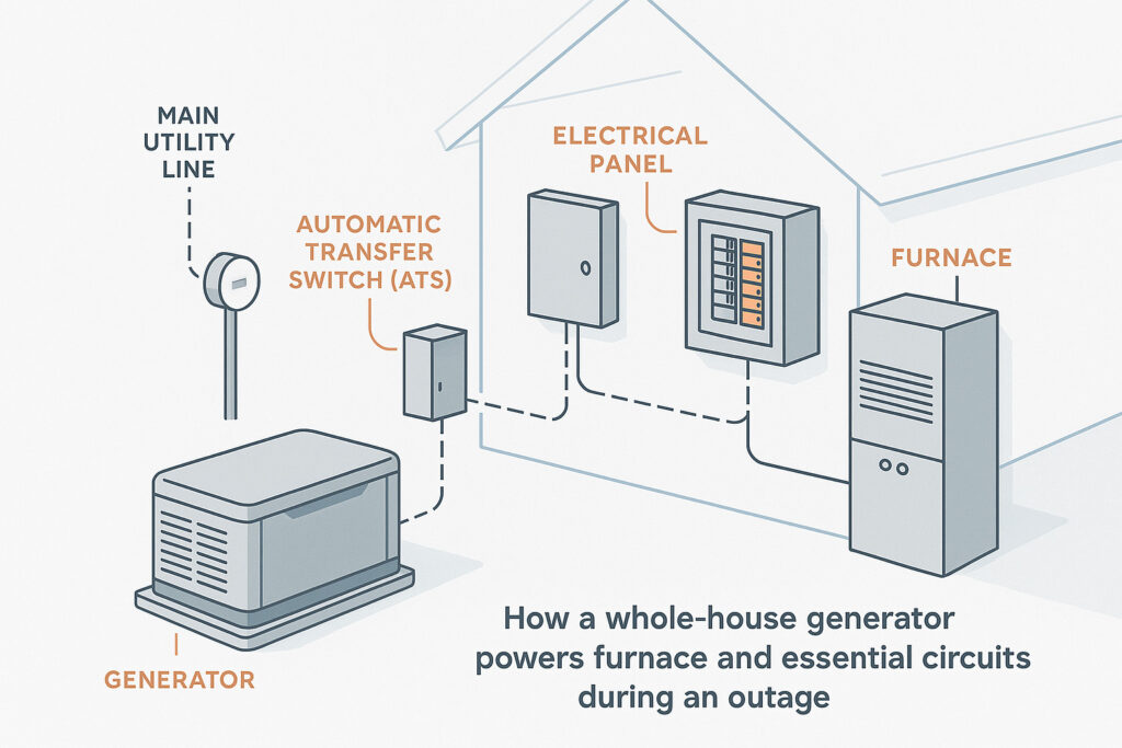 Isometric diagram showing how a standby generator and automatic transfer switch power a furnace and essential circuits during an outage.