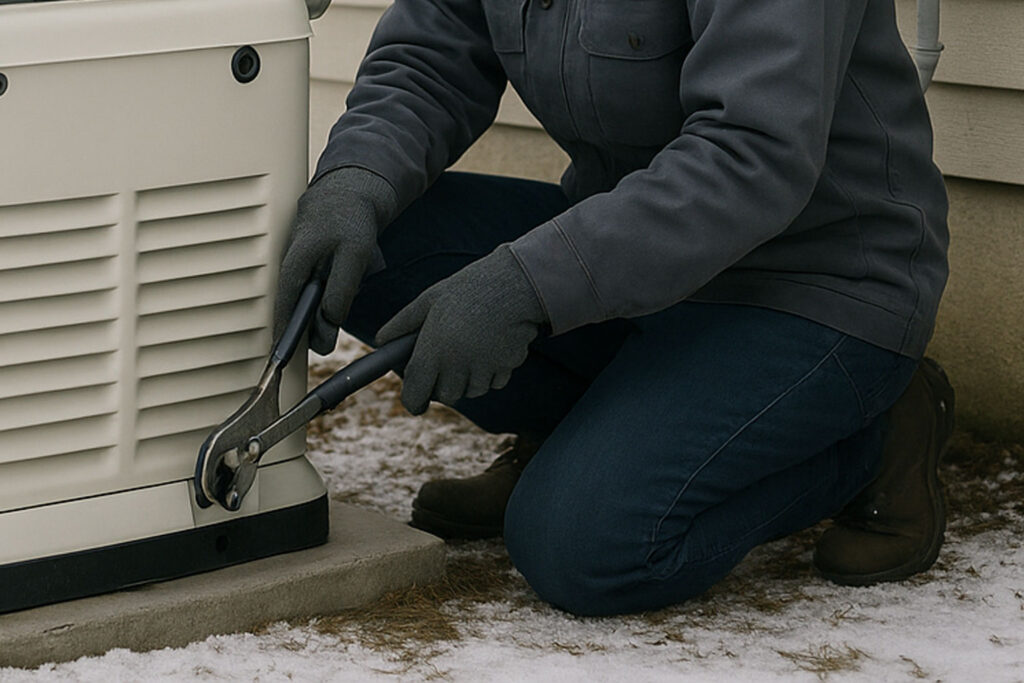 An HVAC technician, installing a standby generator beside a snow-dusted Ann Arbor home.